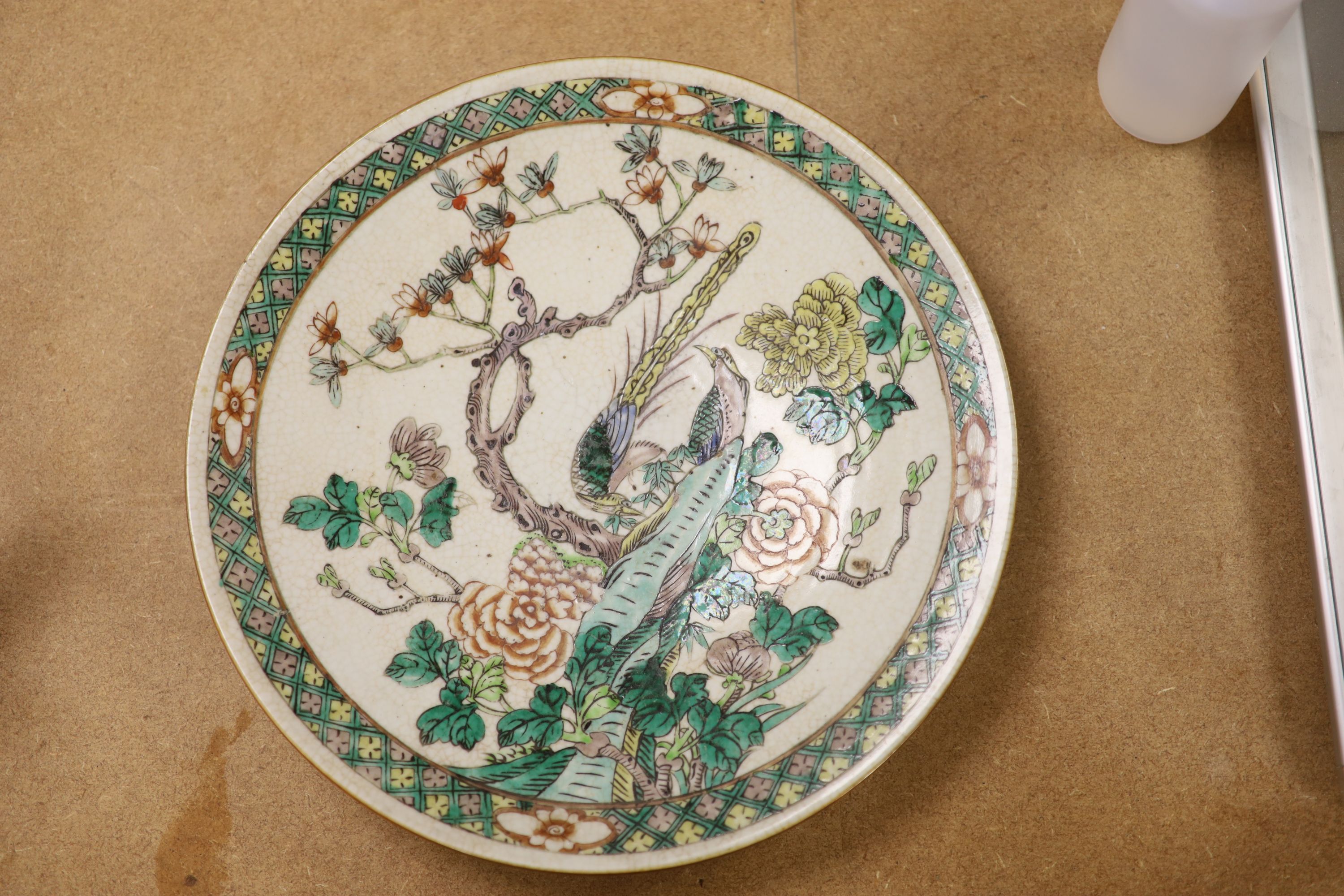 A 19th century Chinese famille verte crackle glaze dish and wood stand, diameter 35cm